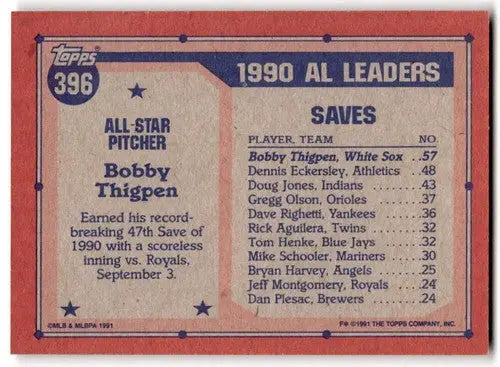 1991 Topps #396 Bobby Thigpen NM Near Mint White Sox AS ID:43307 - Baseball Card Single