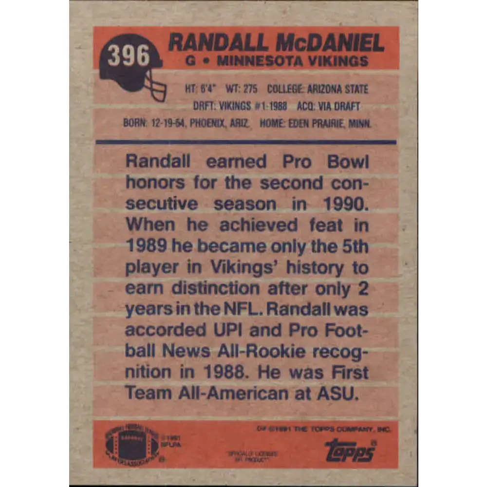 1991 Topps #396 Randall McDaniel NM-MT Minnesota Vikings Football Card - Football Card Single