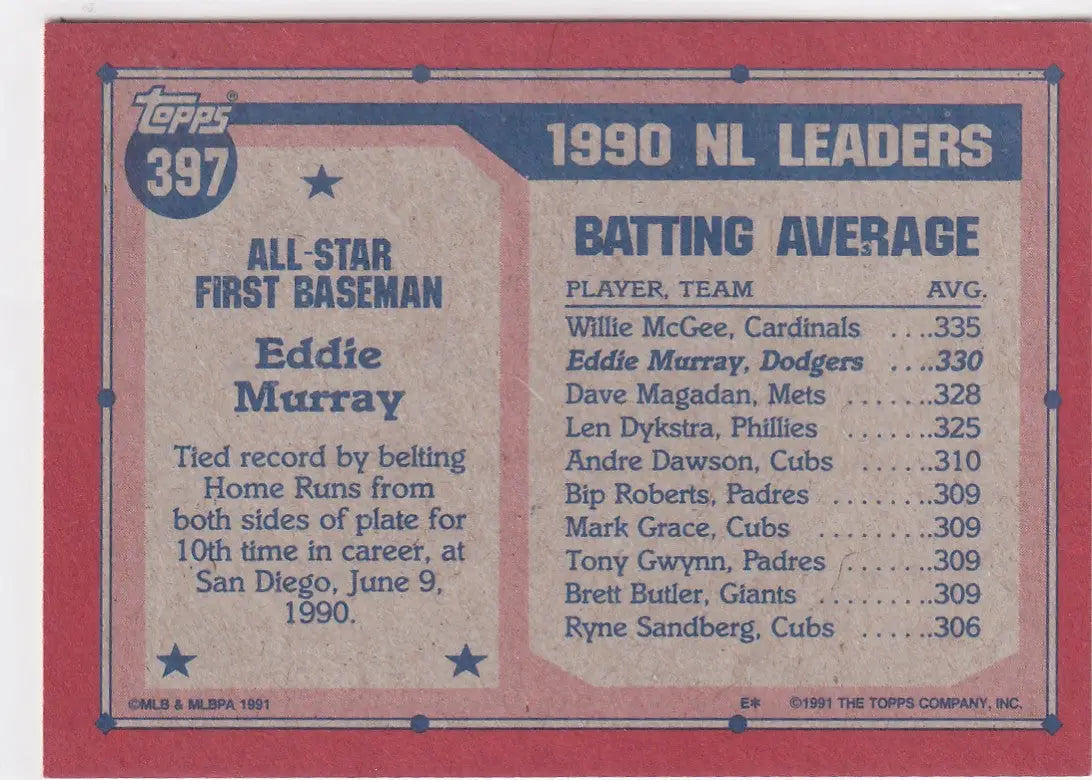 1991 TOPPS #397 EDDIE MURRAY ALL STAR- LOS ANGELES DODGERS