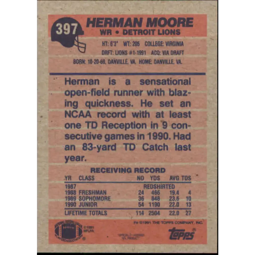 1991 Topps #397 Herman Moore NM-MT RC Rookie Detroit Lions Football Card - Football Card Single