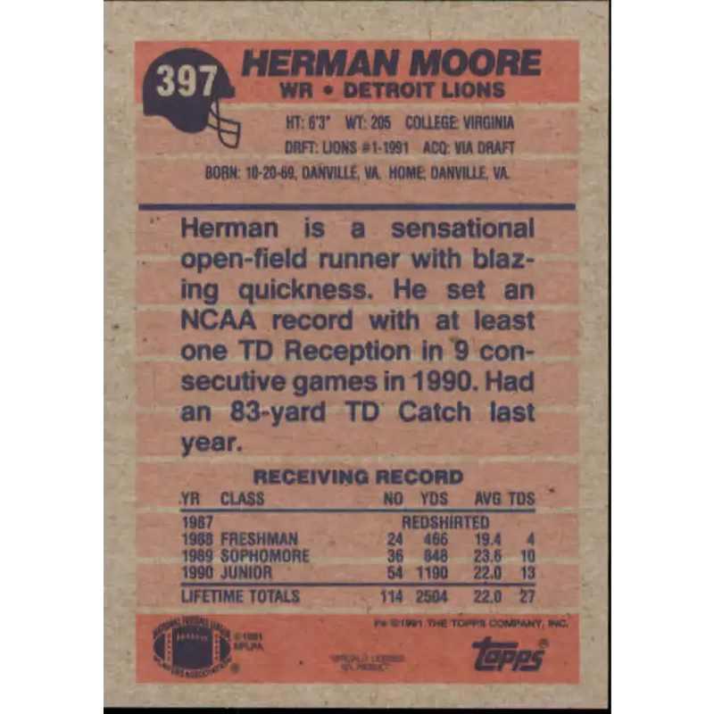 1991 Topps #397 Herman Moore NM-MT RC Rookie Detroit Lions Football Card - Football Card Single