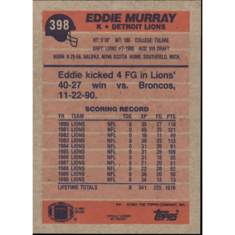 1991 Topps #398 Eddie Murray NM-MT Detroit Lions Football Card - Football Card Single