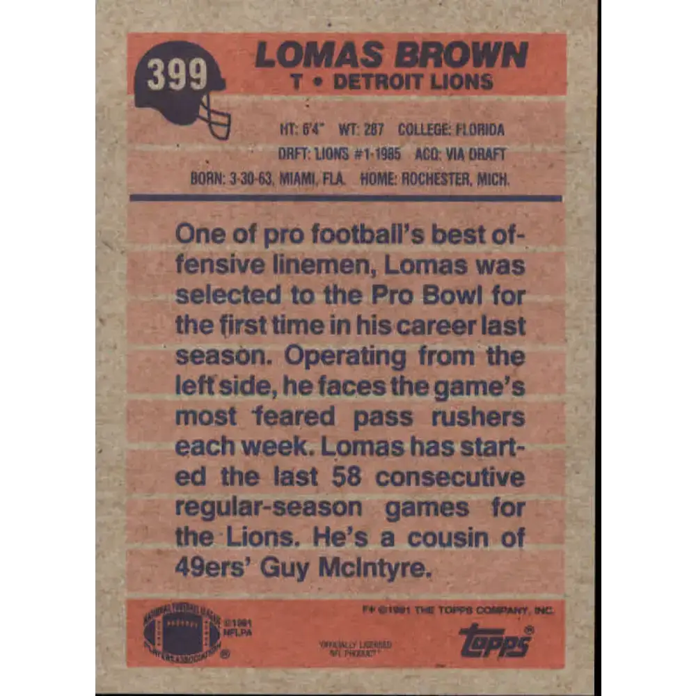 1991 Topps #399 Lomas Brown NM-MT Detroit Lions Football Card - Football Card Single