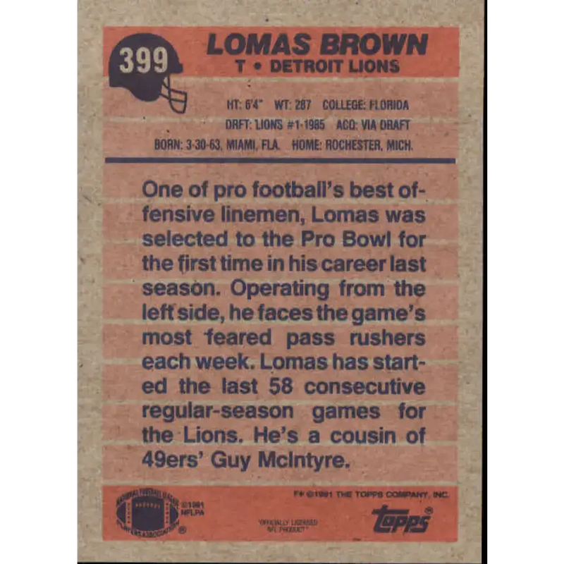 1991 Topps #399 Lomas Brown NM-MT Detroit Lions Football Card - Football Card Single