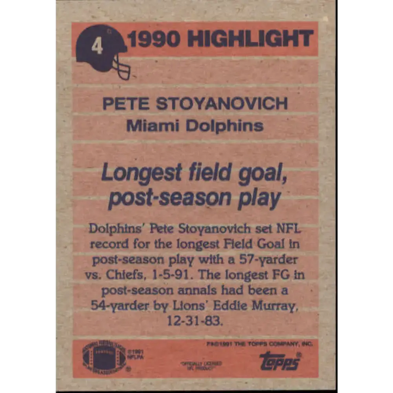 1991 Topps #4 Pete Stoyanovich NM-MT Miami Dolphins Football Card - Football Card Single