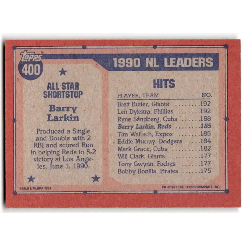 1991 Topps #400 Barry Larkin NM-MT Cincinnati Reds Baseball Card - Baseball Card Single