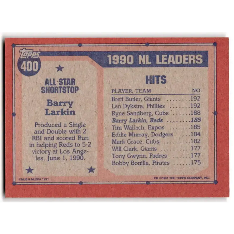 1991 Topps #400 Barry Larkin NM-MT Cincinnati Reds Baseball Card - Baseball Card Single
