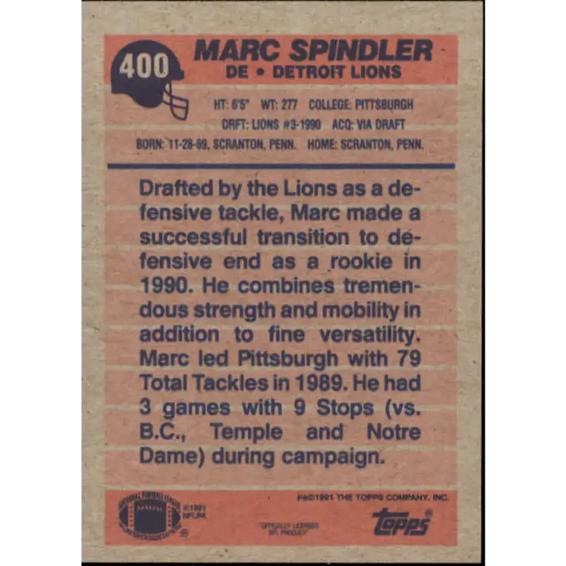 1991 Topps #400 Marc Spindler NM-MT Detroit Lions Football Card