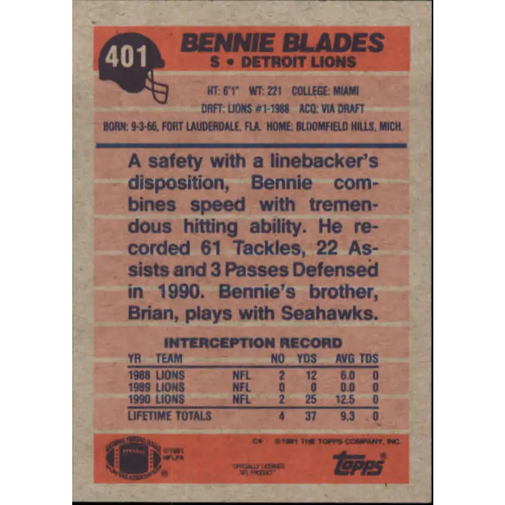 1991 Topps #401 Bennie Blades NM-MT Detroit Lions Football Card - Football Card Single
