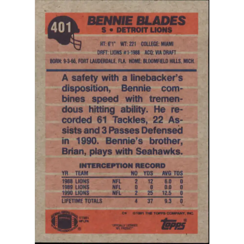 1991 Topps #401 Bennie Blades NM-MT Detroit Lions Football Card - Football Card Single
