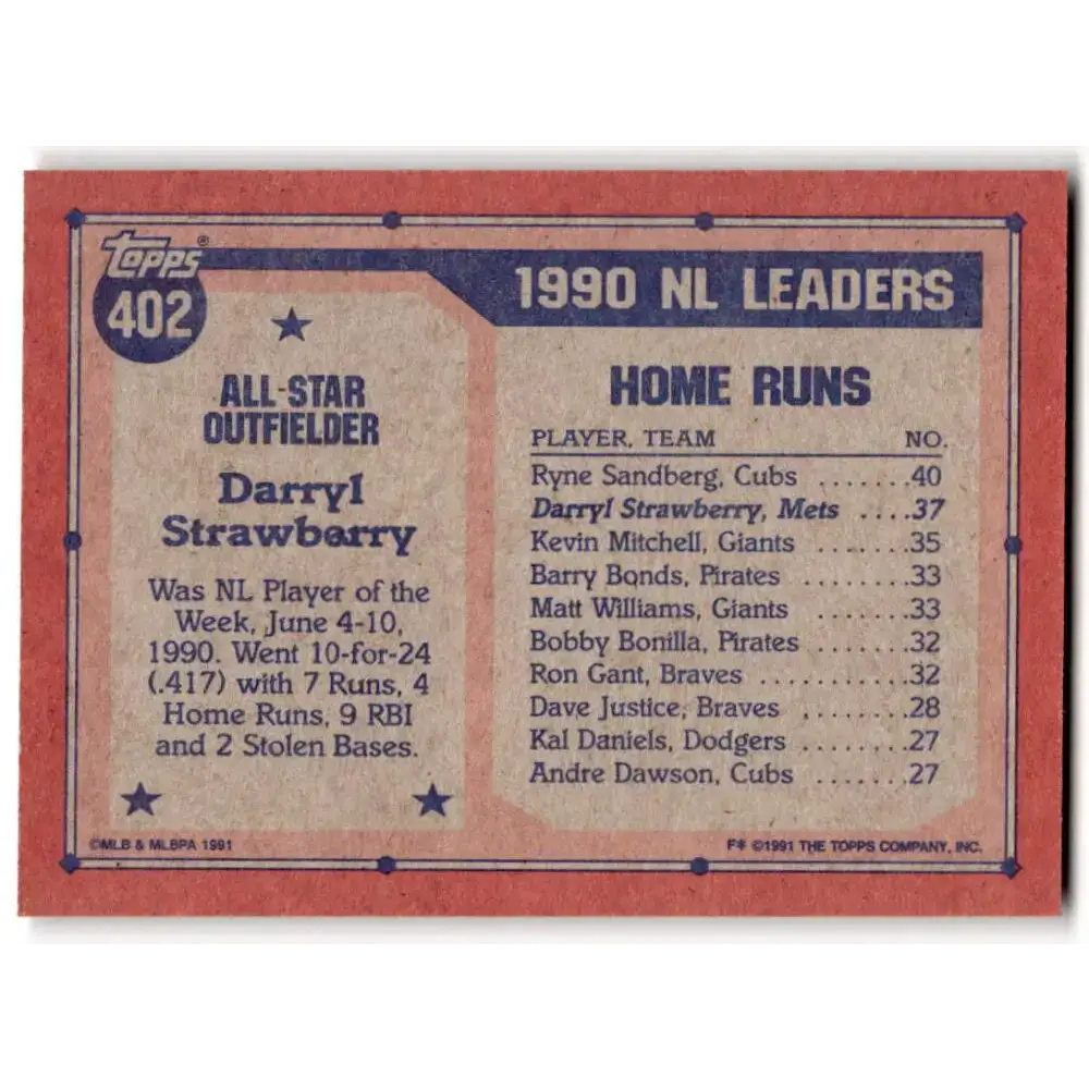 1991 Topps #402 Darryl Strawberry NM-MT New York Mets Baseball Card - Baseball Card Single