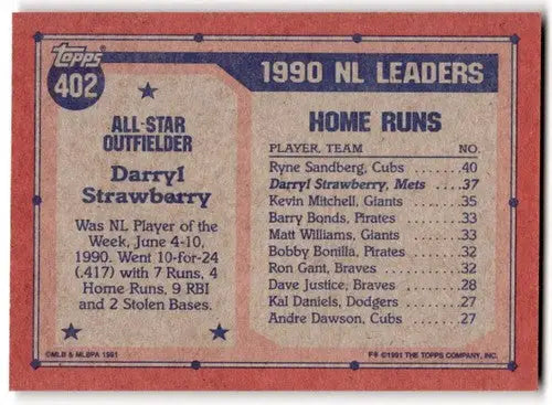 Original gloss 1991 Topps Darryl Strawberry baseball card featuring Darryl Strawberry Mets player