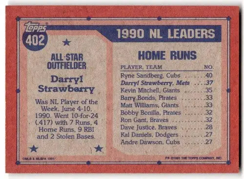 1991 Topps #402 Darryl Strawberry NM Near Mint Mets AS ID:43323 - Baseball Card Single