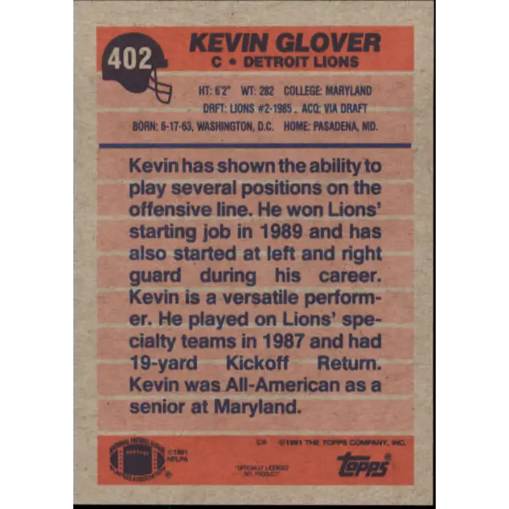 1991 Topps #402 Kevin Glover NM-MT Detroit Lions Football Card