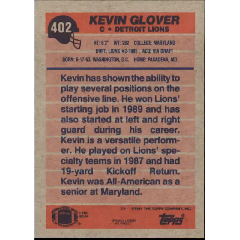 1991 Topps #402 Kevin Glover NM-MT Detroit Lions Football Card