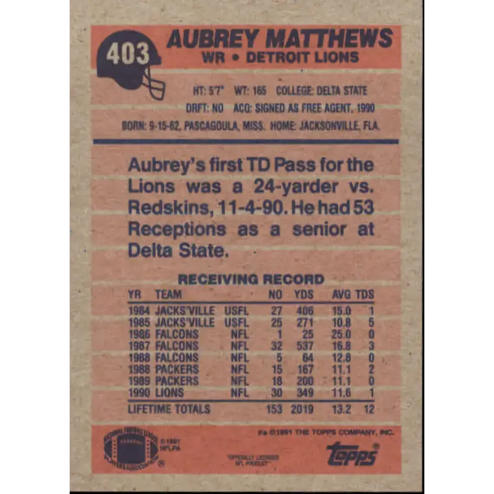 1991 Topps #403 Aubrey Matthews NM-MT RC Rookie Detroit Lions Football Card - Football Card Single