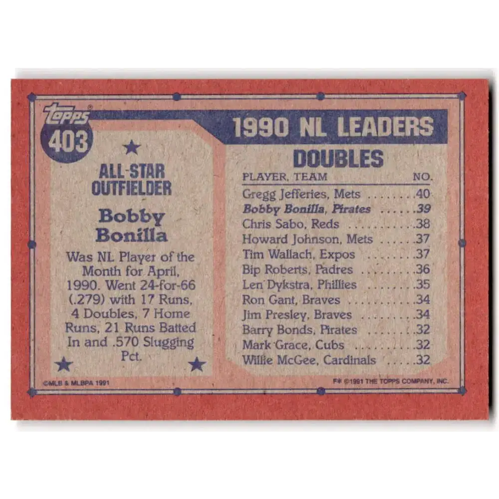 1991 Topps #403 Bobby Bonilla NM-MT Pittsburgh Pirates Baseball Card - Baseball Card Single