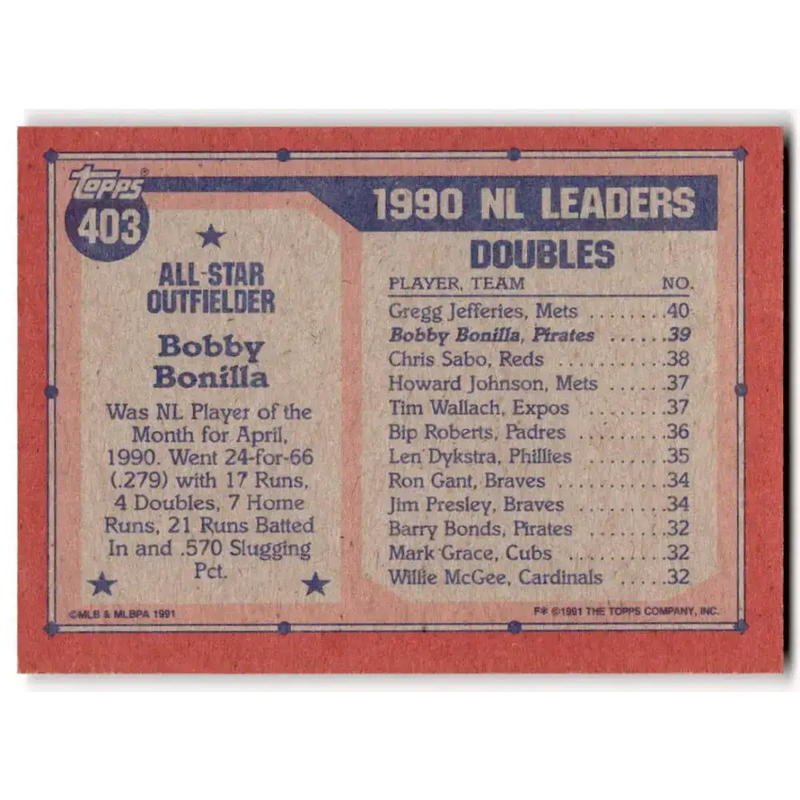 1991 Topps #403 Bobby Bonilla NM-MT Pittsburgh Pirates Baseball Card - Baseball Card Single