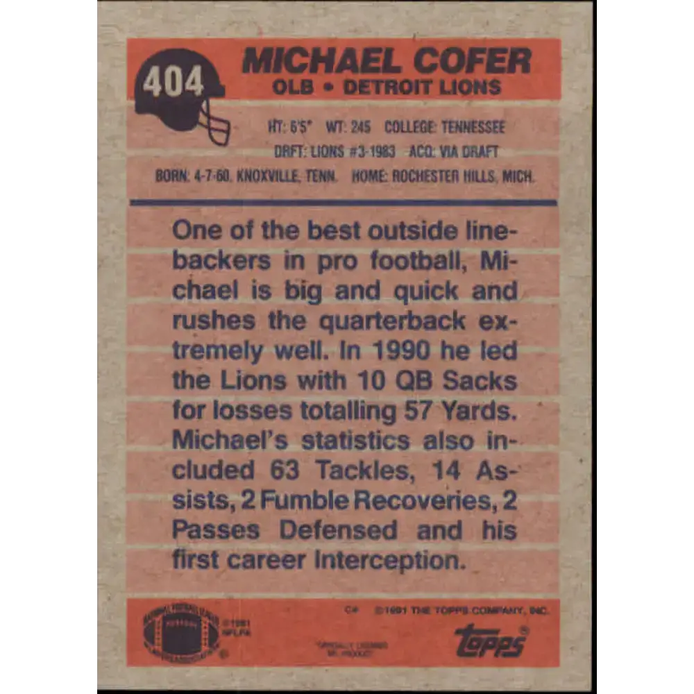1991 Topps #404 Michael Cofer NM-MT Detroit Lions Football Card - Football Card Single