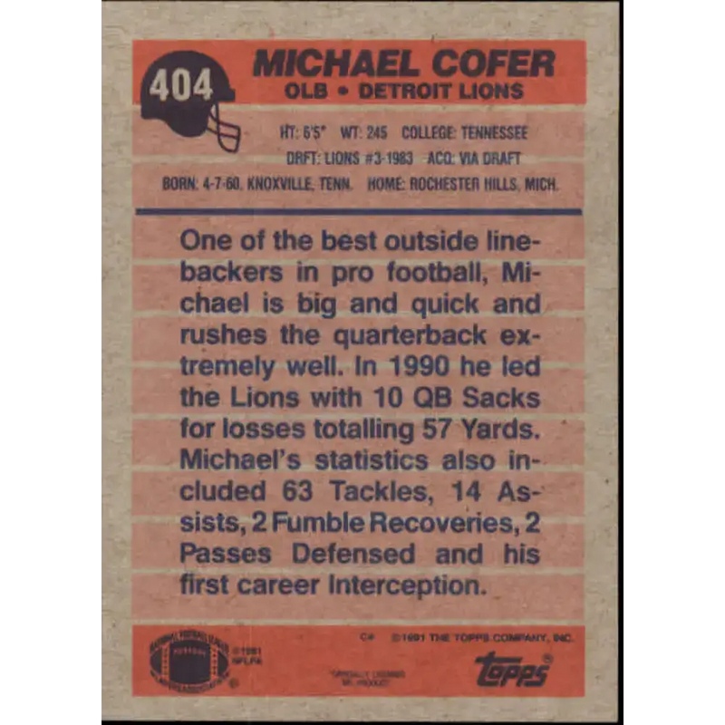 1991 Topps #404 Michael Cofer NM-MT Detroit Lions Football Card - Football Card Single