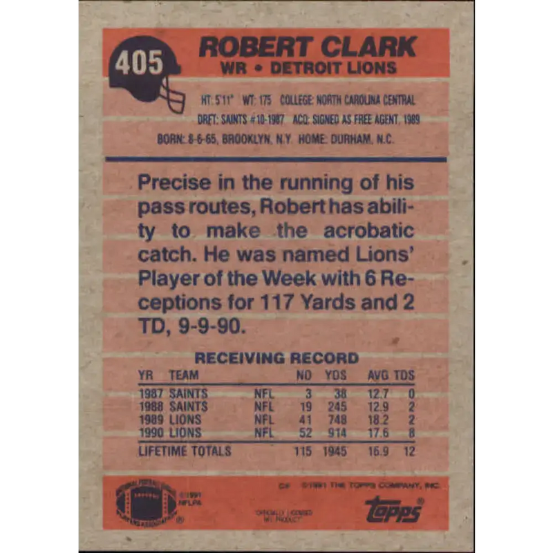 1991 Topps #405 Robert Clark NM-MT Detroit Lions Football Card - Football Card Single