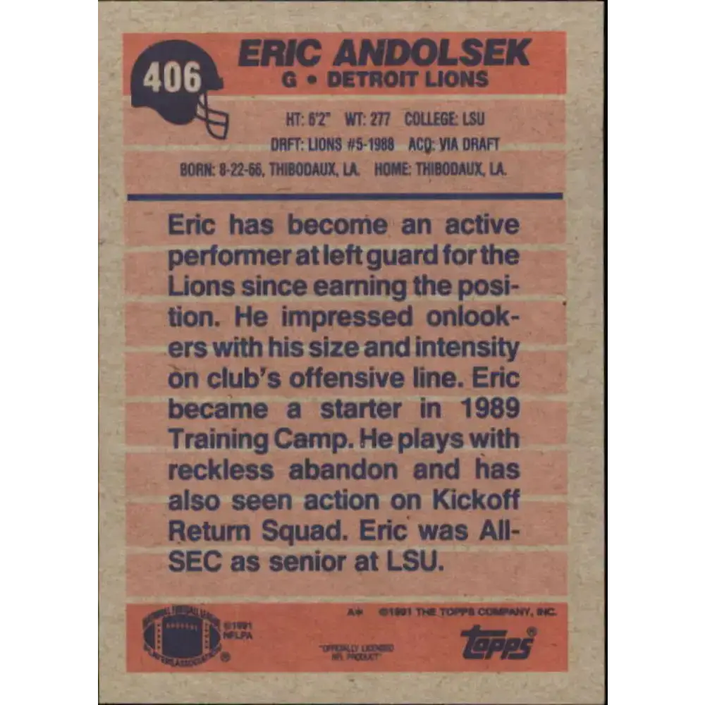 1991 Topps #406 Eric Andolsek NM-MT Detroit Lions Football Card - Football Card Single