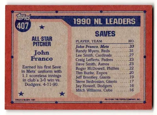 Front side of 1991 Topps John Franco Mets baseball card back with original gloss