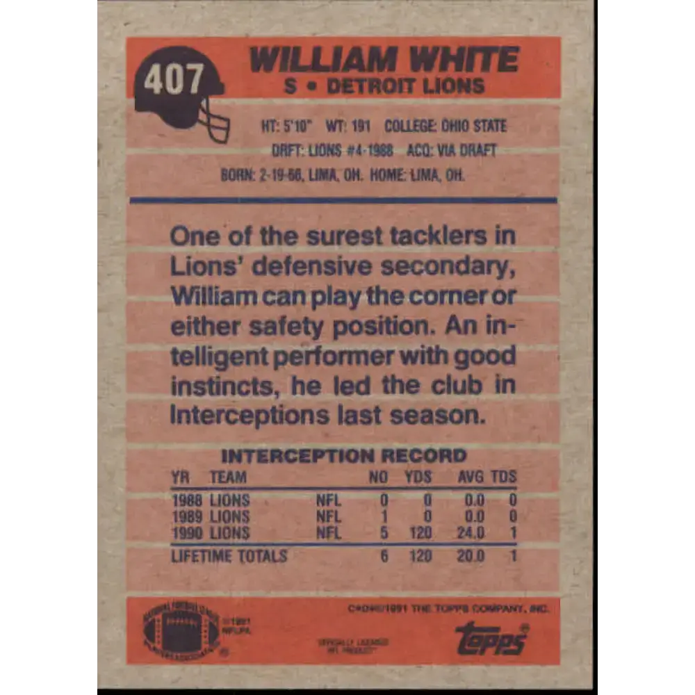 1991 Topps #407 William White NM-MT Detroit Lions Football Card - Football Card Single