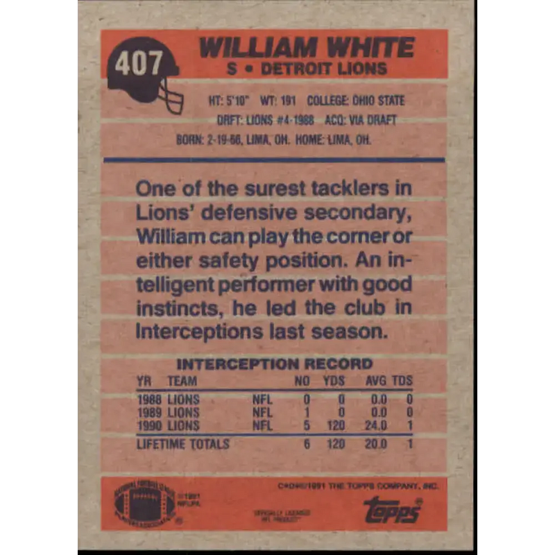 1991 Topps #407 William White NM-MT Detroit Lions Football Card - Football Card Single