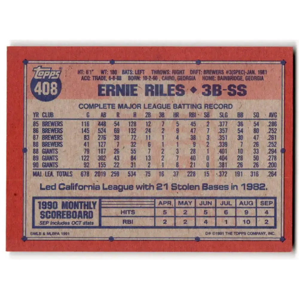 1991 Topps #408 Ernest Riles NM-MT San Francisco Giants Baseball Card - Baseball Card Single