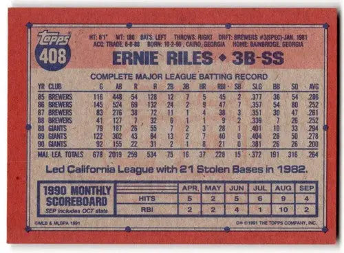 1991 Topps #408 Ernest Riles NM Near Mint Giants ID:43351 - Baseball Card Single
