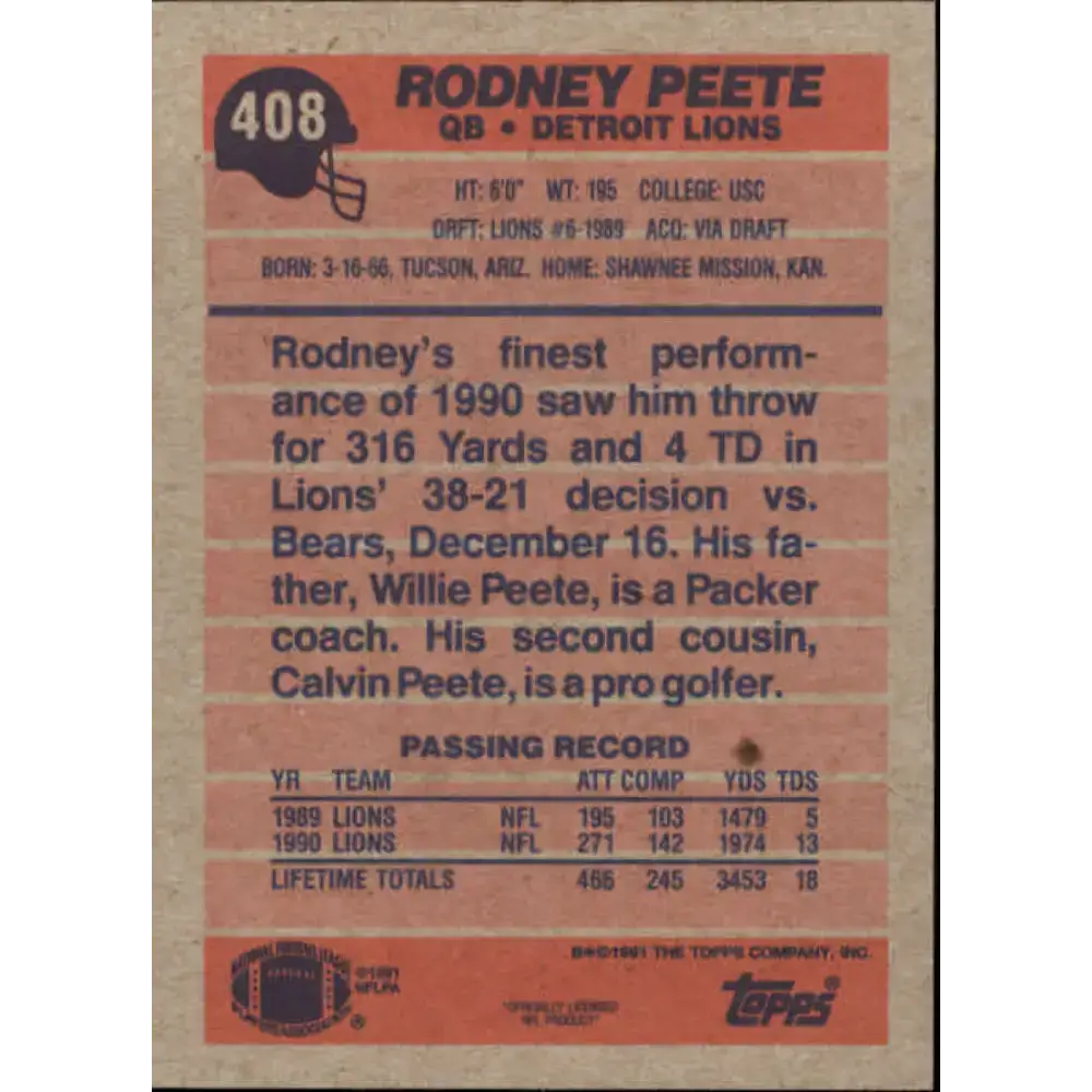 1991 Topps #408 Rodney Peete NM-MT Detroit Lions Football Card - Football Card Single