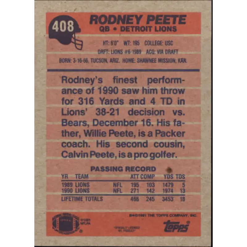 1991 Topps #408 Rodney Peete NM-MT Detroit Lions Football Card - Football Card Single