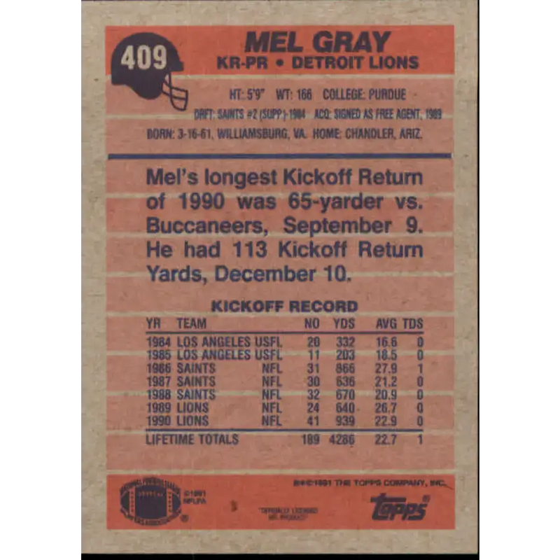 1991 Topps #409 Mel Gray NM-MT Detroit Lions Football Card - Football Card Single