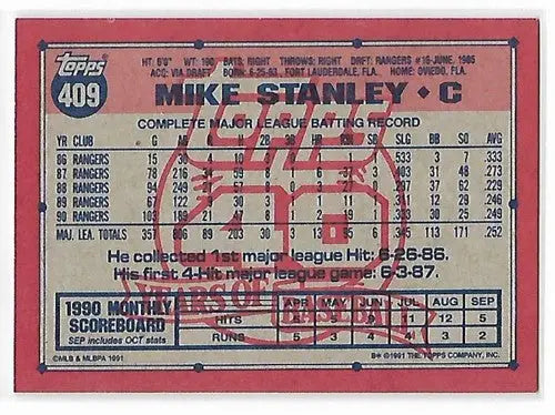 1991 Topps #409 Mike Stanley NM-MT Rangers - Baseball Card Single
