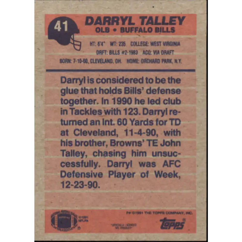 1991 Topps #41 Darryl Talley NM-MT Buffalo Bills Football Card - Football Card Single