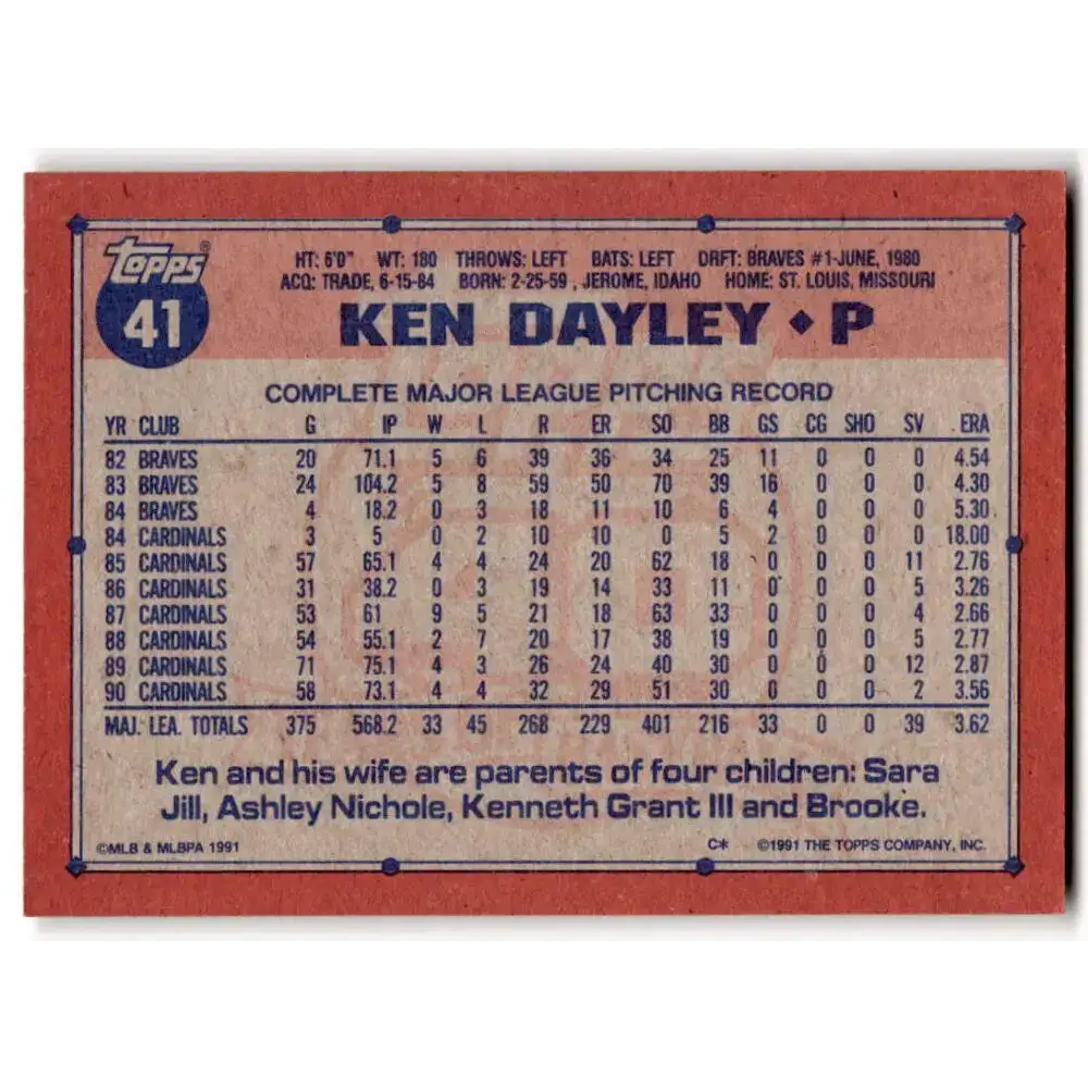 1991 Topps #41 Ken Dayley NM-MT St. Louis Cardinals Baseball Card - Baseball Card Single