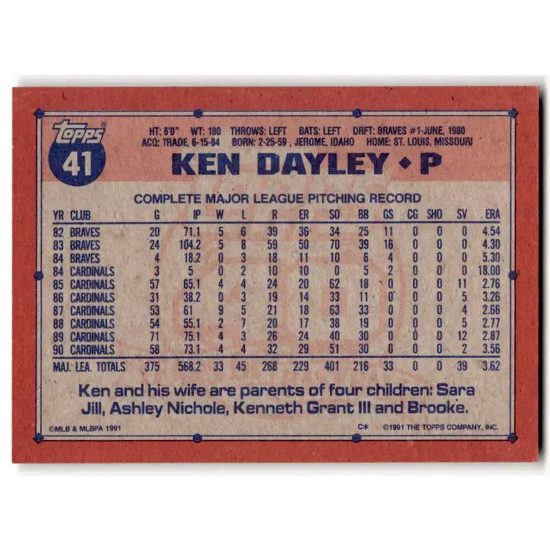 1991 Topps #41 Ken Dayley NM-MT St. Louis Cardinals Baseball Card - Baseball Card Single