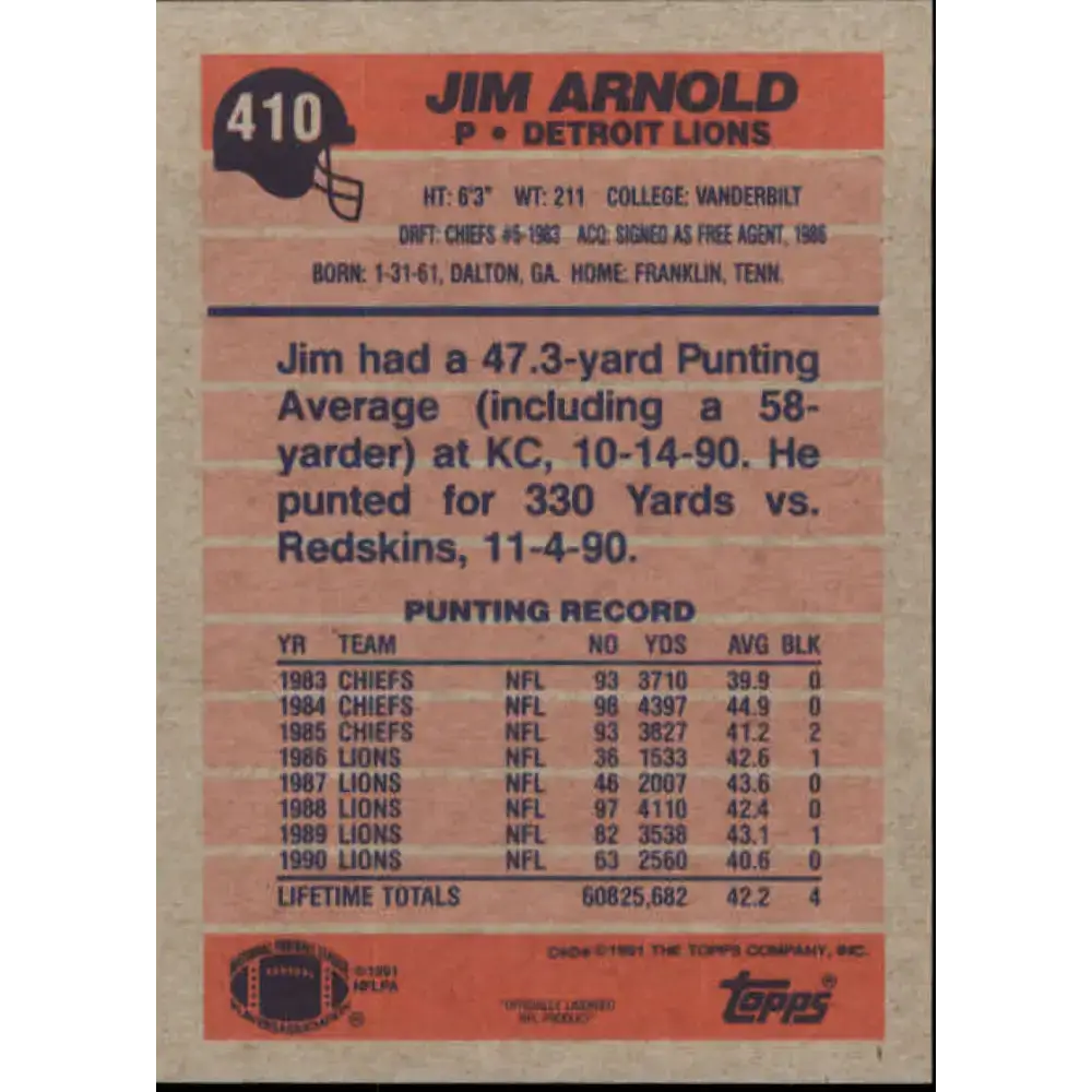 1991 Topps #410 Jim Arnold NM-MT Detroit Lions Football Card - Football Card Single