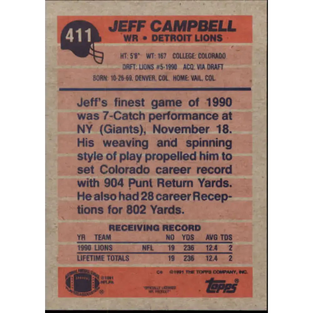1991 Topps #411 Jeff Campbell NM-MT Detroit Lions Football Card - Football Card Single