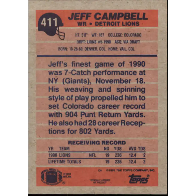 1991 Topps #411 Jeff Campbell NM-MT Detroit Lions Football Card - Football Card Single