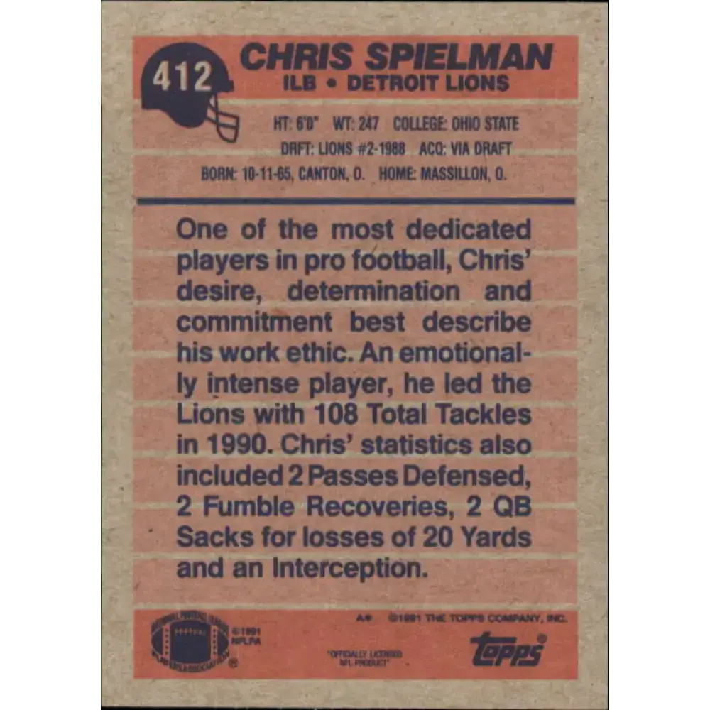 1991 Topps #412 Chris Spielman NM-MT Detroit Lions Football Card - Football Card Single
