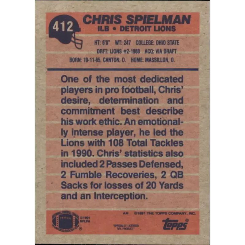 1991 Topps #412 Chris Spielman NM-MT Detroit Lions Football Card - Football Card Single