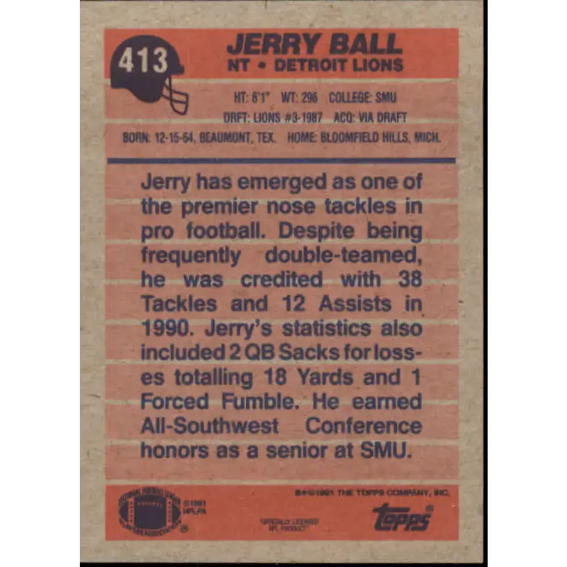 1991 Topps #413 Jerry Ball NM-MT Detroit Lions Football Card - Football Card Single