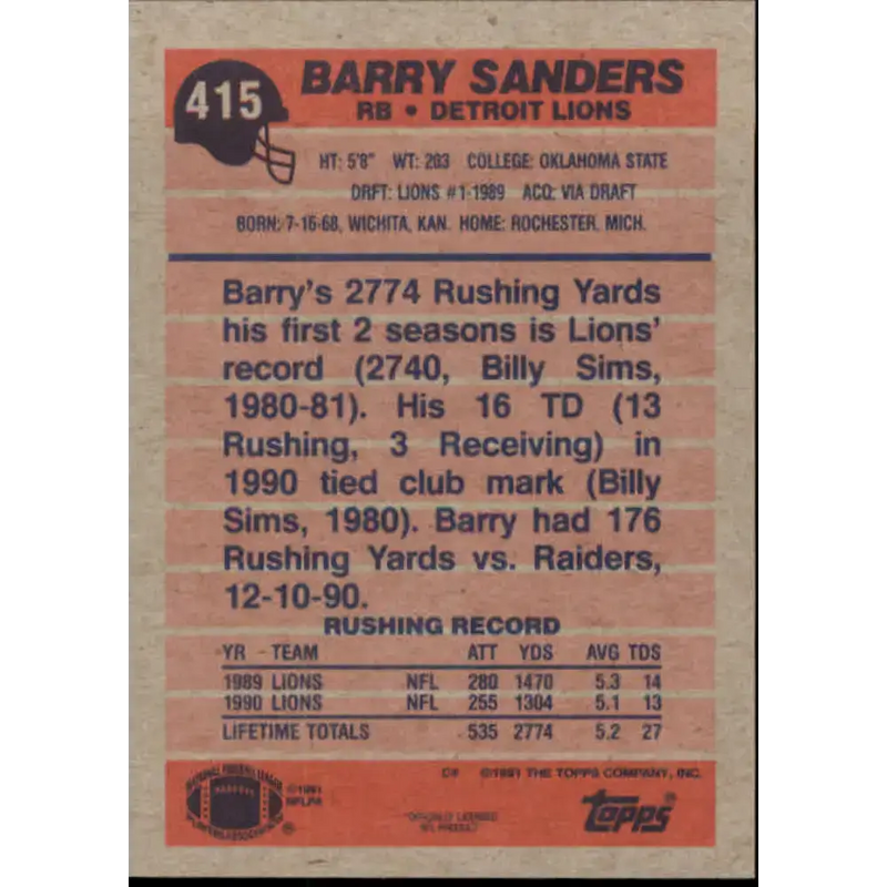 1991 Topps #415 Barry Sanders NM-MT Detroit Lions Football Card - Football Card Single