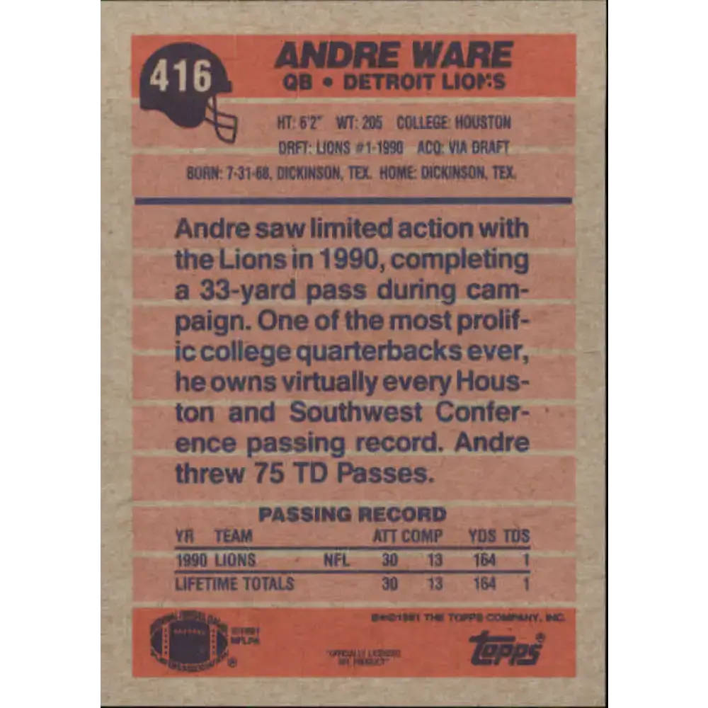 1991 Topps #416 Andre Ware NM-MT Detroit Lions Football Card - Football Card Single
