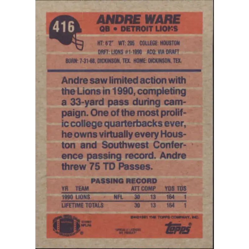 1991 Topps #416 Andre Ware NM-MT Detroit Lions Football Card - Football Card Single