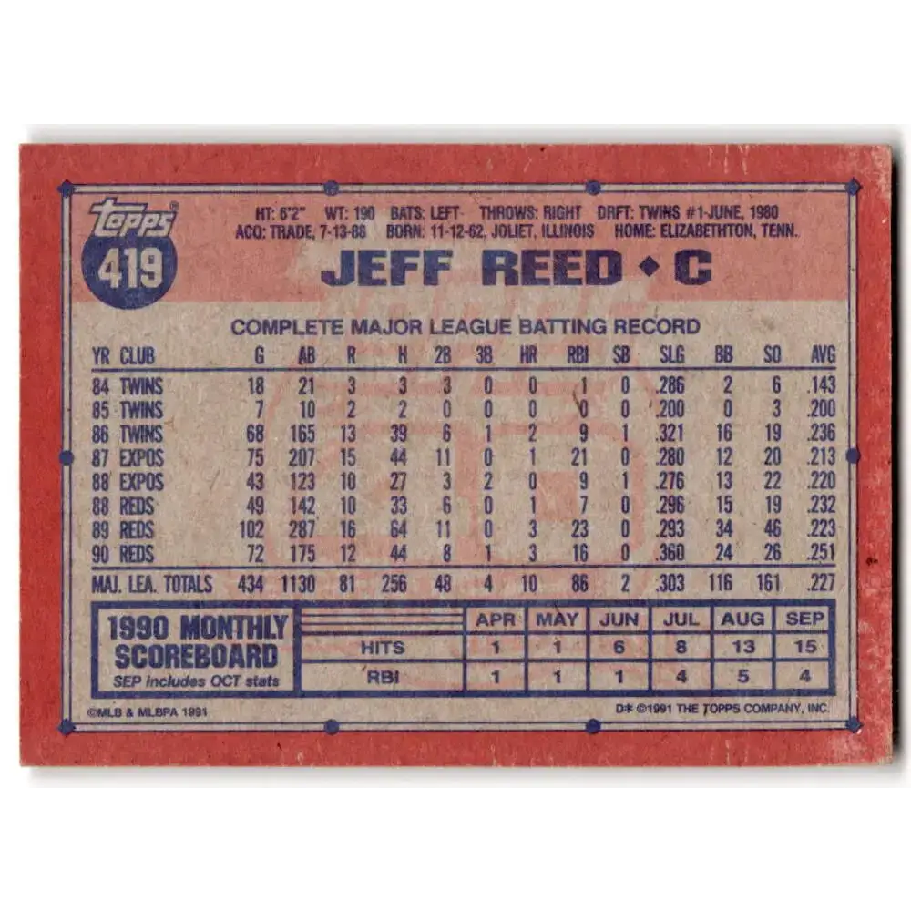 1991 Topps #419 Jeff Reed NM-MT Cincinnati Reds Baseball Card - Baseball Card Single