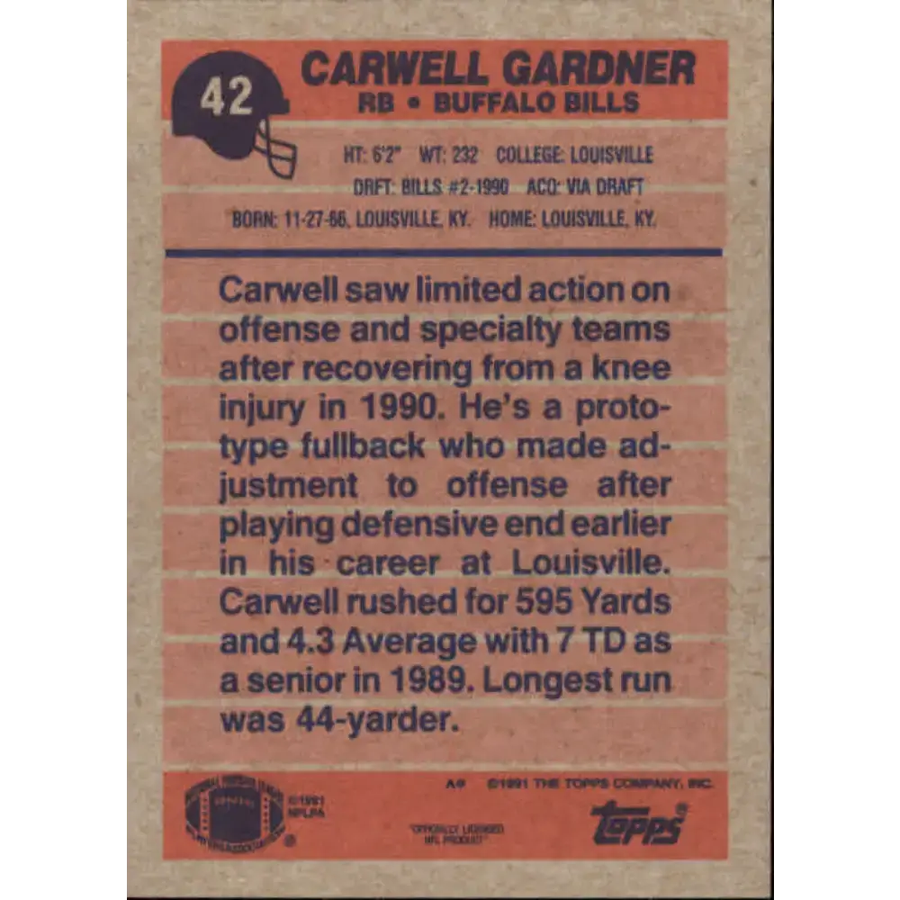 1991 Topps #42 Carwell Gardner NM-MT Buffalo Bills Football Card - Football Card Single