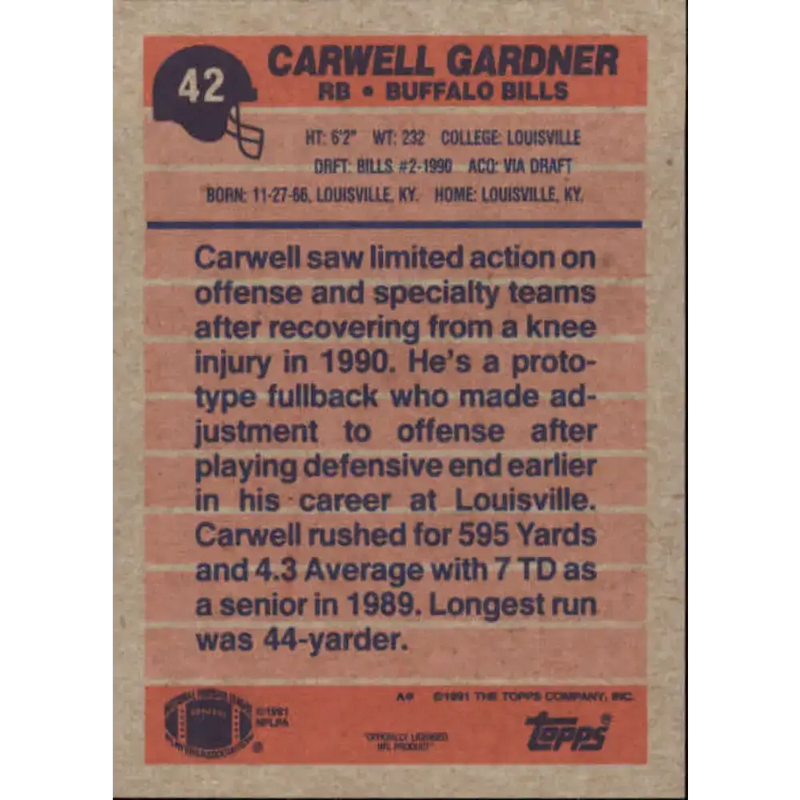 1991 Topps #42 Carwell Gardner NM-MT Buffalo Bills Football Card - Football Card Single
